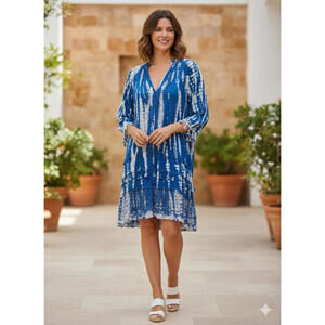 Magic Long Sleeve Tie-Dye Button-Up Dress with Crochet